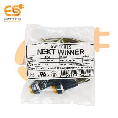 NEXT WINNER SPST 5A 12V/30V DC Yellow color 2 pins SPST small plastic Push switch with attached wire pack of 5pcs